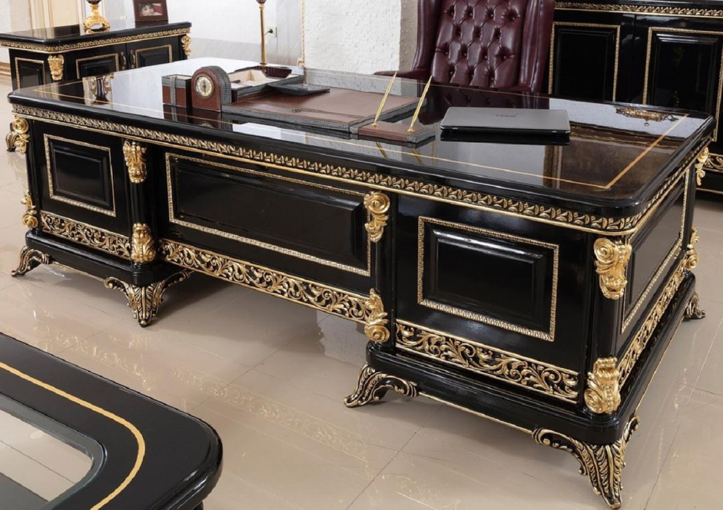 Casa Padrino Luxus Barock Schreibtisch Schwarz / Gold - Prunkvoller Massivholz Bürotisch - Barock Büromöbel - Edel & Prunkvoll Bild 1