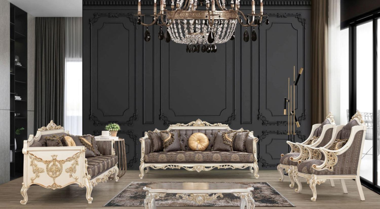 Casa Padrino Luxus Barock Wohnzimmer Set Grau / Braun / Weiß / Gold / Silber - 2 Sofas & 2 Sessel & 1 Couchtisch - Handgefertigte Barock Wohnzimmer Möbel - Edel & Prunkvoll Bild 1