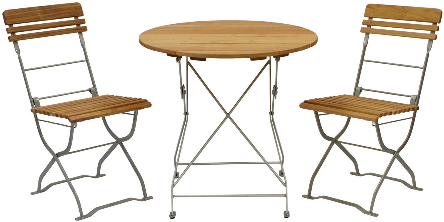 Biergarten - Garnitur MÜNCHEN 3-teilig (2x Stuhl, 1x Tisch 77cm rund), Flachstahl verzinkt + Robinie Bild 1