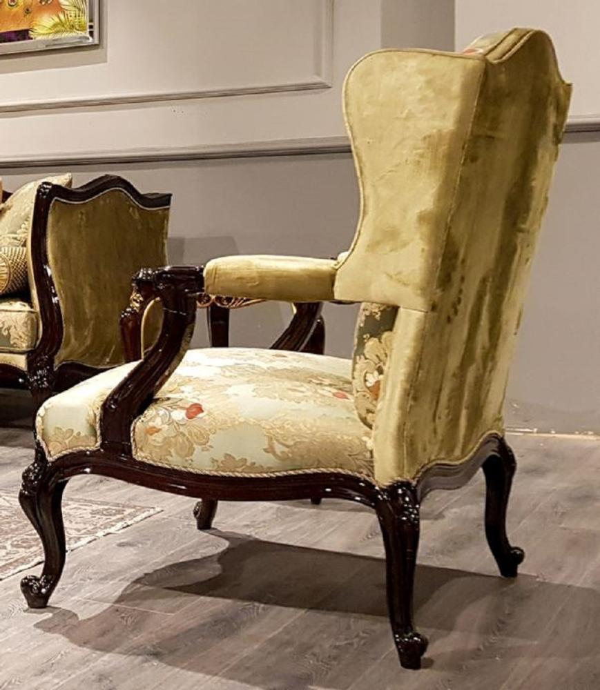 Casa Padrino Luxus Barock Ohrensessel Gold / Mehrfarbig / Schwarz - Prunkvoller Wohnzimmer Sessel mit elegantem Muster - Barock Möbel Bild 1