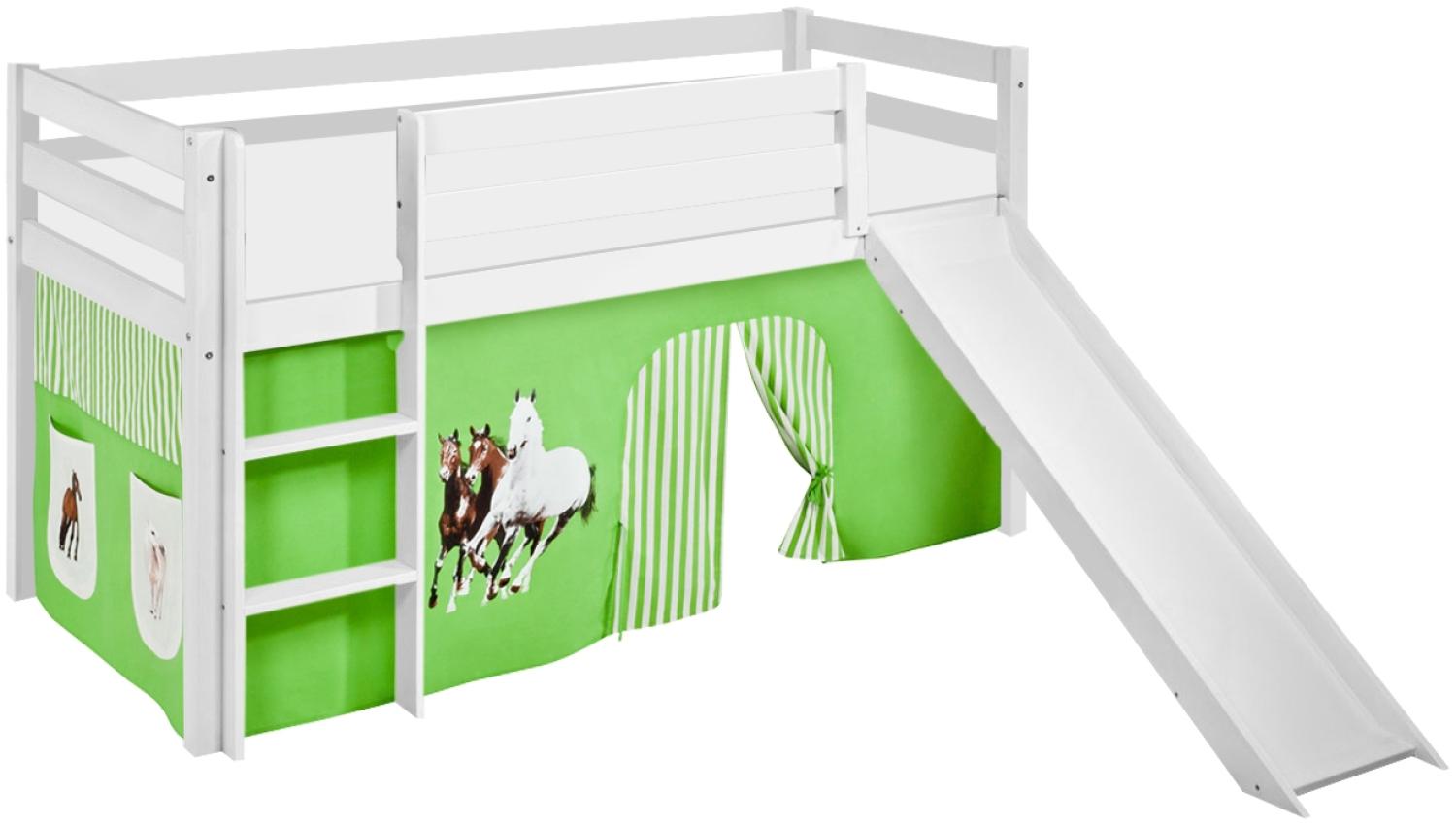 Lilokids 'Jelle' Spielbett 90 x 190 cm, Pferde Grün Beige, Kiefer massiv, mit Rutsche und Vorhang Bild 1
