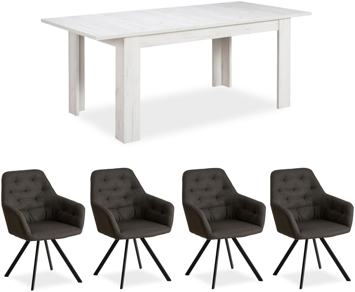 Homestyle4u Essgruppe mit Holztisch und 4 Polsterstühlen, Massivholz weiß / Samt anthrazit, B/T/H: 160,5 - 200,5 x 90,5 x 76,5 cm Bild 1