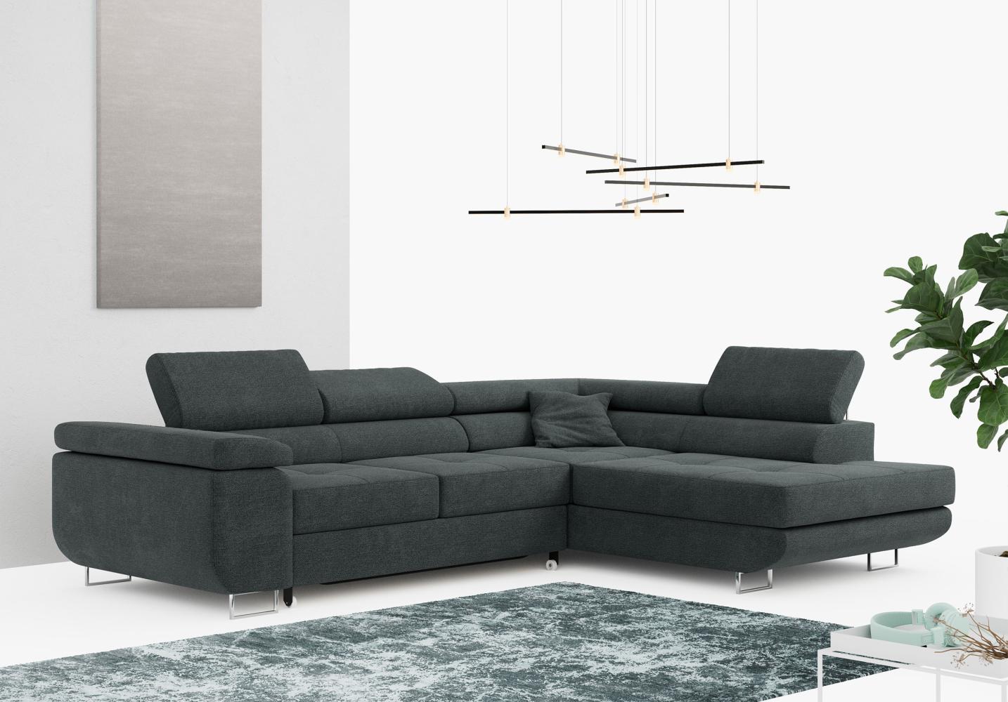 Ecksofa L-Form Couch mit Schlaffunktion und Verstellbare Kopfstützen - GUSTAW - Dunkelgrau Stoff - Rechts Bild 1