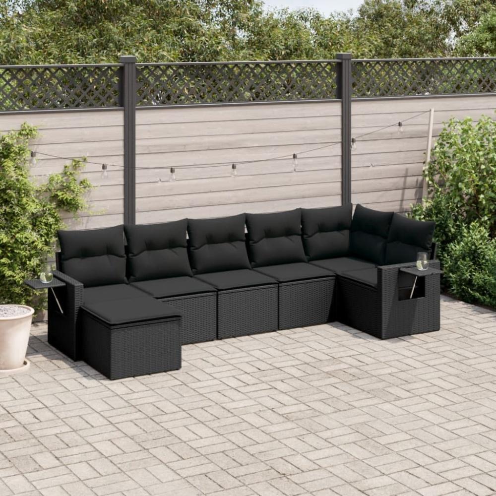 vidaXL 7-tlg. Garten-Sofagarnitur mit Kissen Schwarz Poly Rattan Bild 1