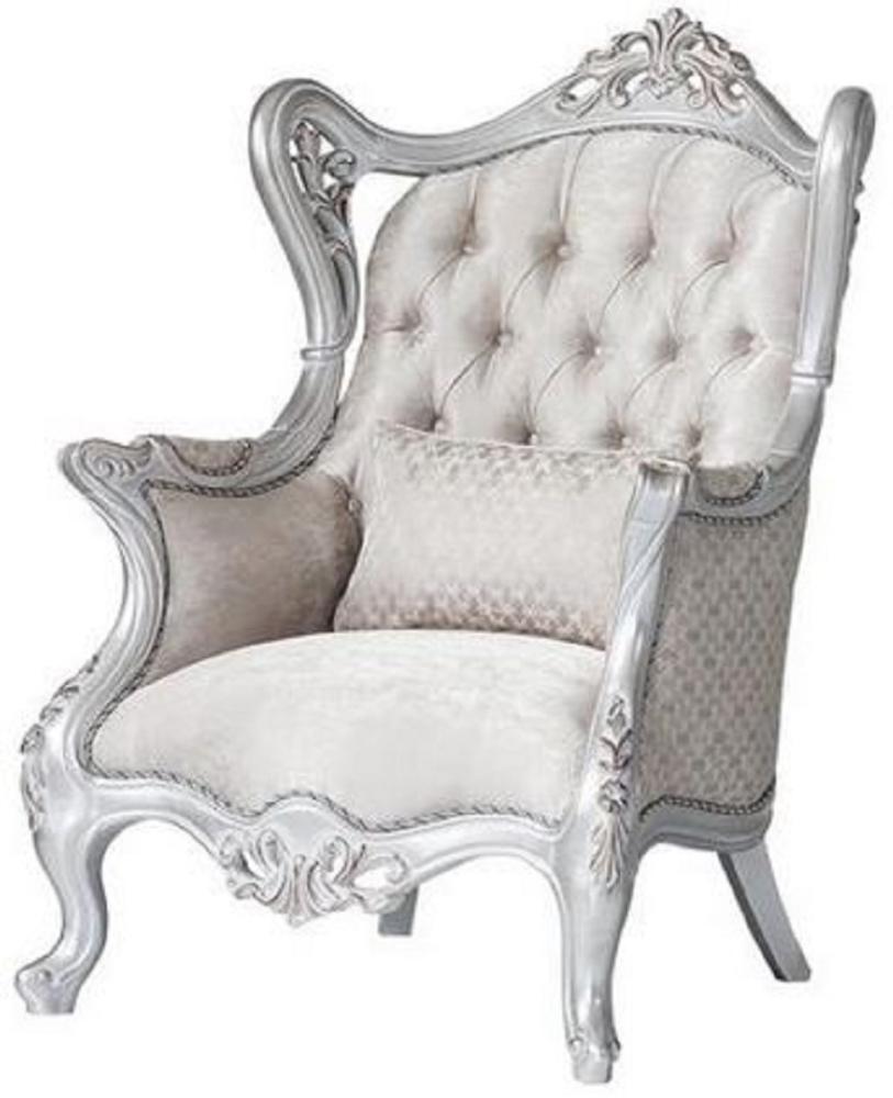 Casa Padrino Luxus Barock Ohrensessel Champagnerfarben / Silber 85 x 80 x H. 120 cm - Prunkvoller Wohnzimmer Sessel mit dekorativem Kissen - Barock Möbel Bild 1