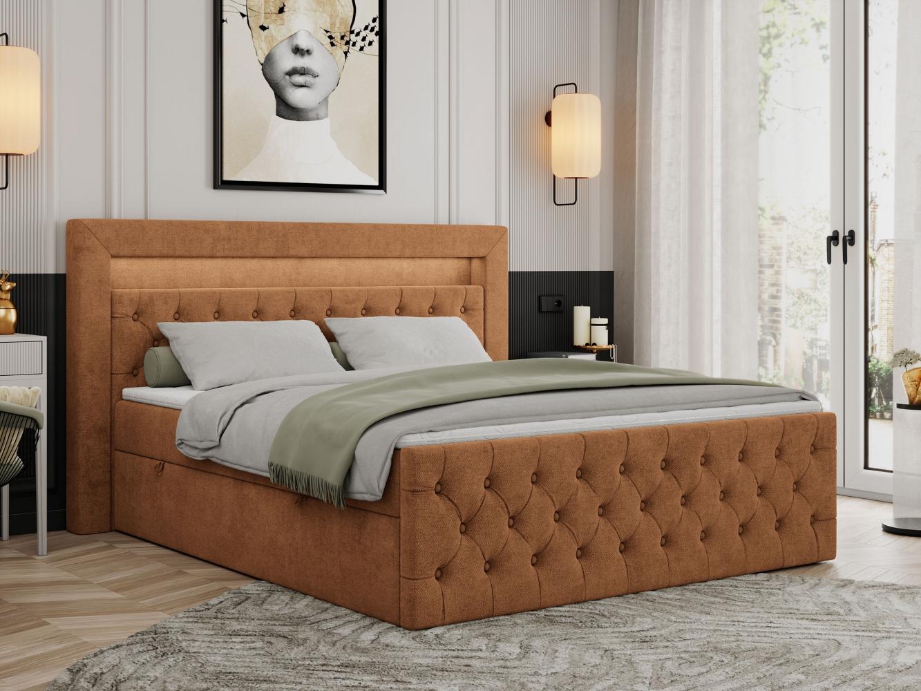 Boxspringbett, Stauraumbett mit Bettkasten, LED - GOLD-9 - 180x200cm - Orange Stoff - H3 Bild 1