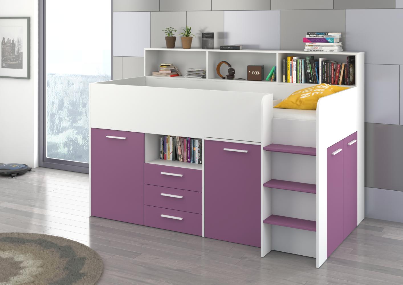 Domando Hochbett Talamone Modern Breite 206cm, mit integrierten Schränken, Schreibtisch und Regal in Weiß Matt und Violett Bild 1