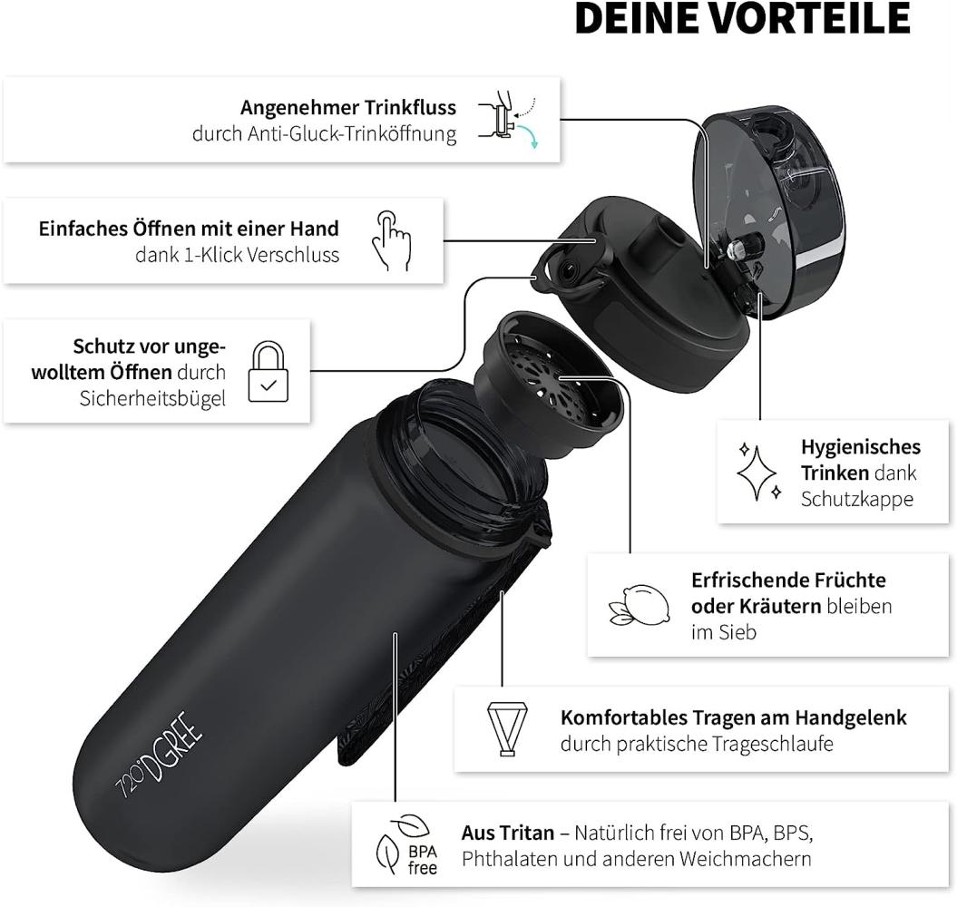 720°DGREE Trinkflasche uberBottle Sportflasche 500 ml, 650 ml, 1 liter, 1,5 l mit Früchtesieb, Wasserflasche auslaufsicher für Schule, Outdoor, Sport und Fahrrad Bild 1