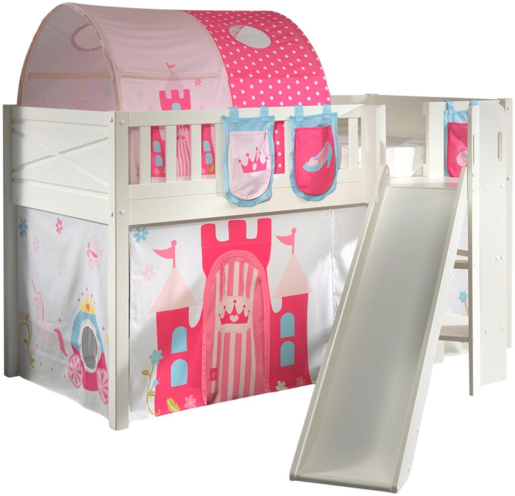 SCOTT Spielbett, LF 90 x 200 cm, mit Rolllattenrost, Rutsche, Leiter und Textilset Vorhang, Tunnel und 3 Taschen "Princess" Bild 1