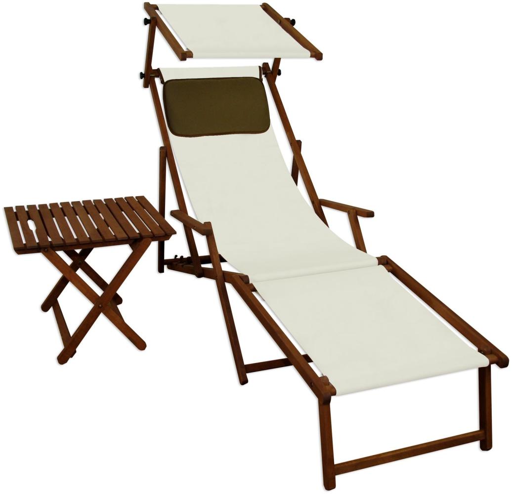 Liegestuhl weiß Fußteil Sonnendach Kissen Tisch Gartenliege Holz Sonnenliege 10-303 F S T KD Bild 1