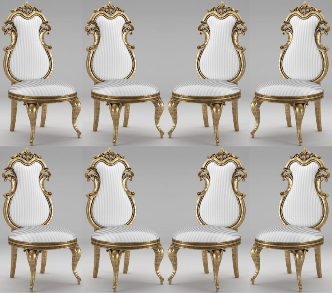 Casa Padrino Luxus Barock Esszimmer Stuhl Set Weiß / Silber / Antik Gold 55 x 55 x H. 120 cm - Prunkvolle gestreifte Küchen Stühle - Barock Stühle 8er Set - Esszimmer Möbel Bild 1