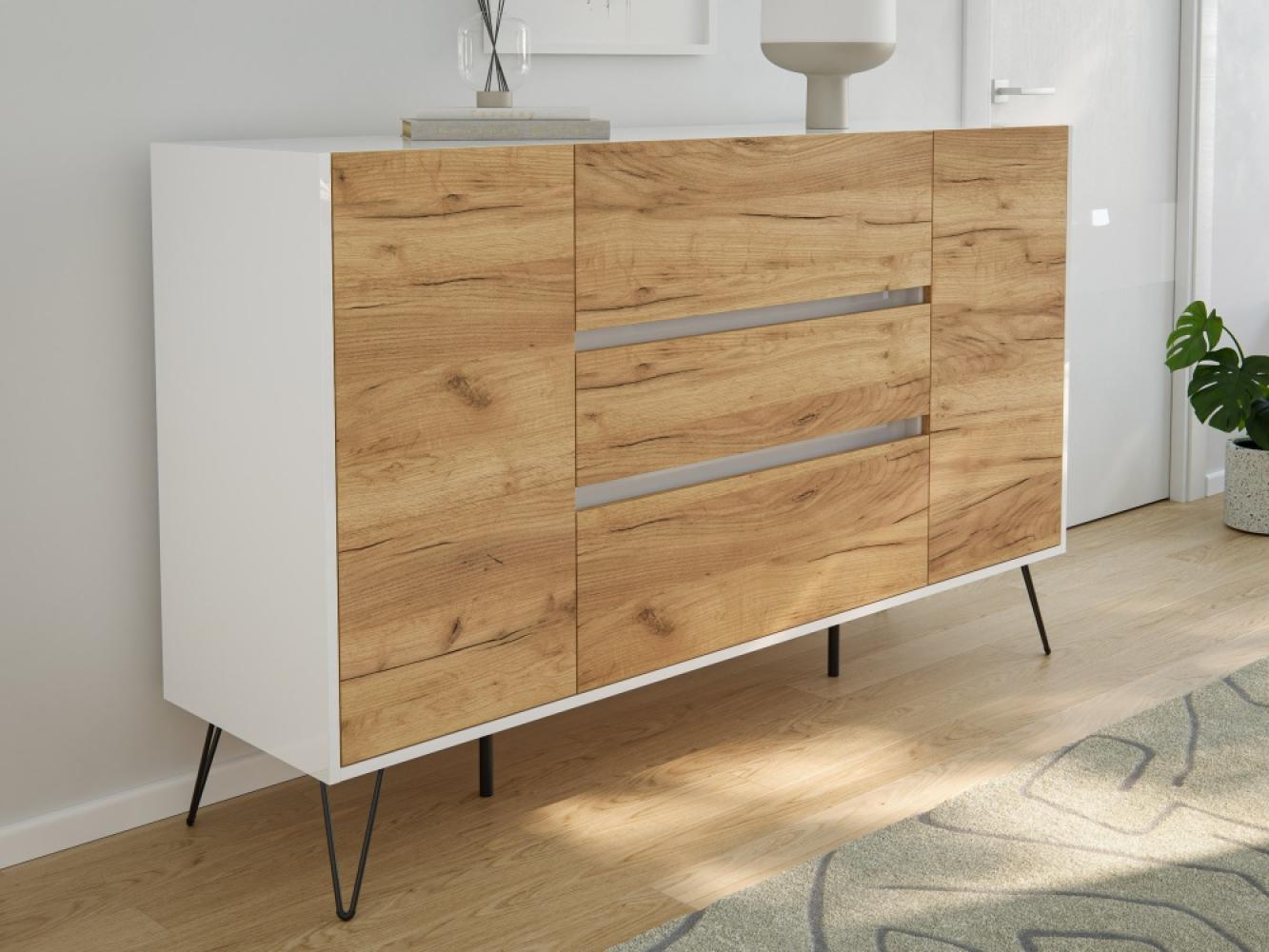 Sideboard Kommode Lovo 155cm Greifraum 3 SoftClose 2 Türen Weiß/Eiche Front : Oak Gold / Weiss hochglanz Bild 1