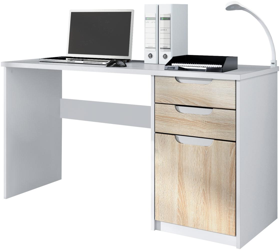 Vladon Schreibtisch Logan, Bürotisch mit 2 Schubladen und 1 Tür, Weiß matt/Eiche Sägegrau (129 x 76 x 60 cm) Bild 1