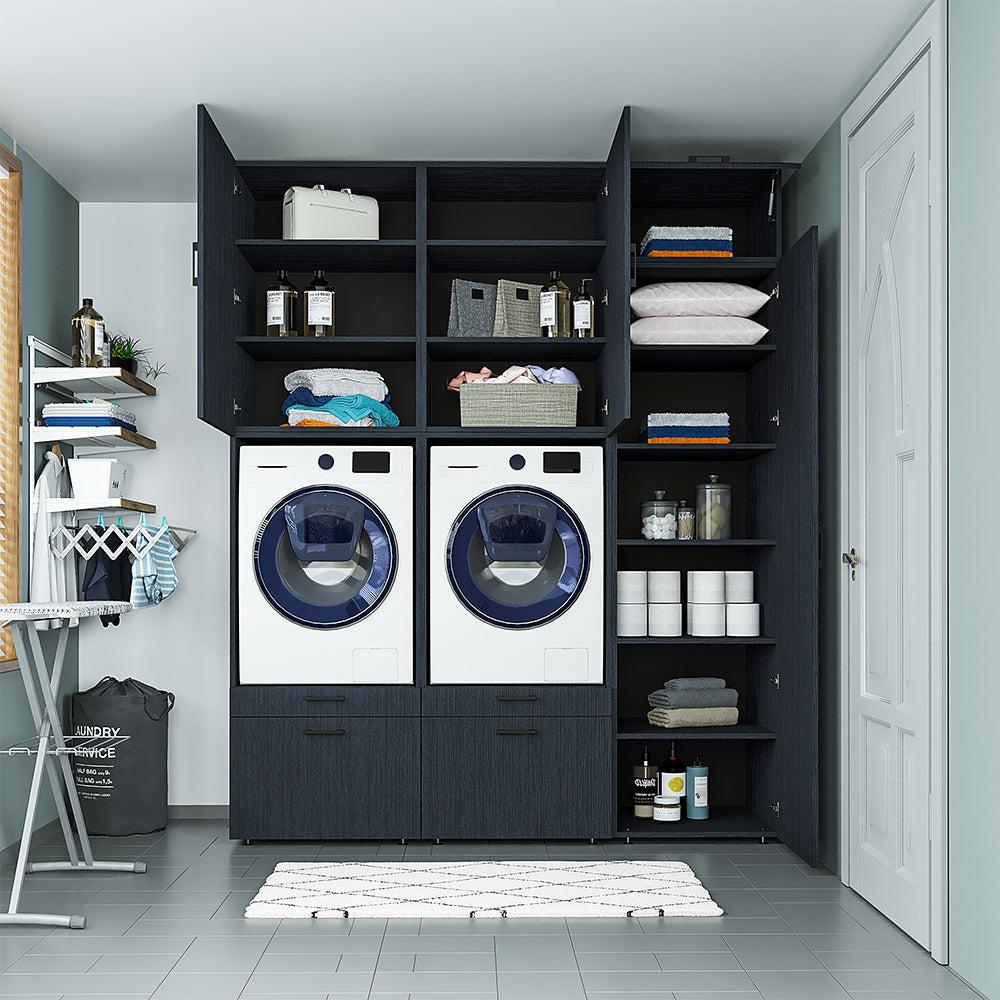 Roomart Schrankwand für Waschküche & Hauswirtschaftsraum Mit Schubladen und Ausziehbrett • Weiß • Schwarz eiche Bild 1
