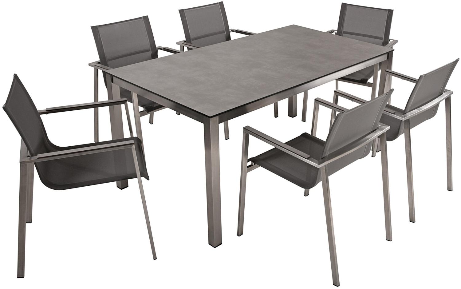 Tischgruppe Sienna 7-tlg. aus Kunststoff, HPL und Edelstahl, 4 Stühle aus Edelstahl und Kunststoffgewebe Bild 1