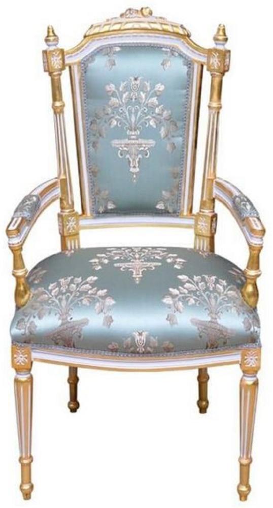 Casa Padrino Barock Esszimmerstuhl Türkis / Weiß / Gold - Handgefertigter Antik Stil Stuhl mit Armlehnen - Esszimmer Möbel im Barockstil Bild 1