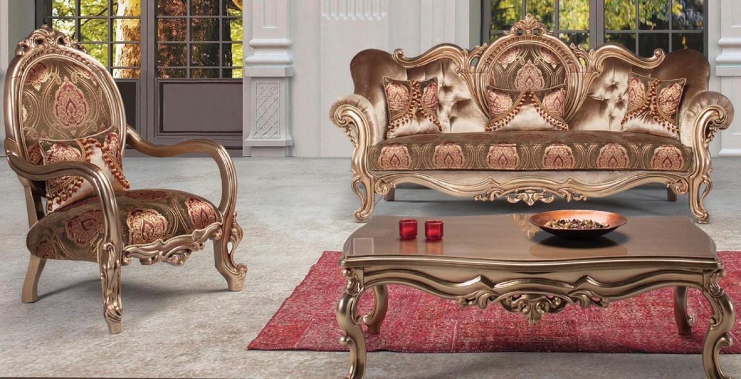 Casa Padrino Luxus Barock Wohnzimmer Set Bronze / Braun / Bordeauxrot - 1 Sofa & 2 Sessel & 1 Couchtisch - Prunkvolle Wohnzimmermöbel im Barockstil Bild 1