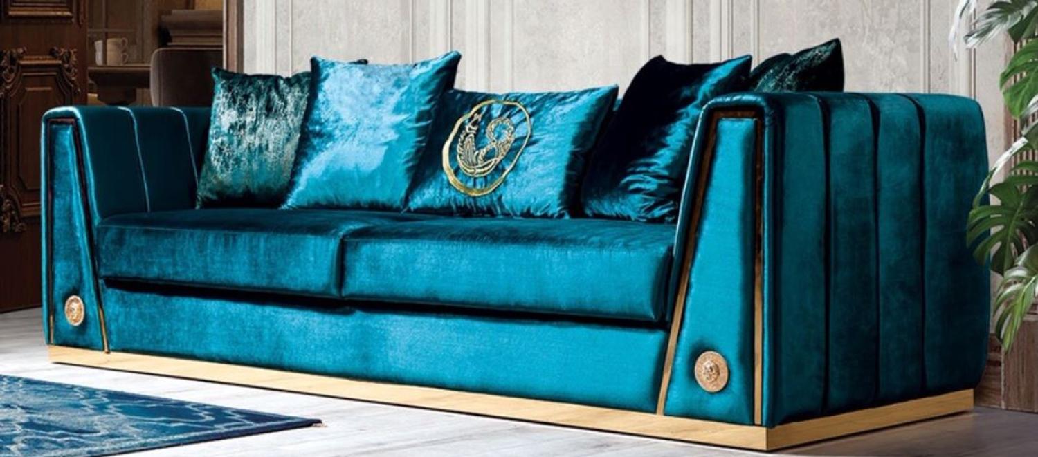 Casa Padrino Luxus Couch Türkis / Gold 260 x 90 x H. 76 cm - Edles Wohnzimmer Sofa mit dekorativen Kissen Bild 1
