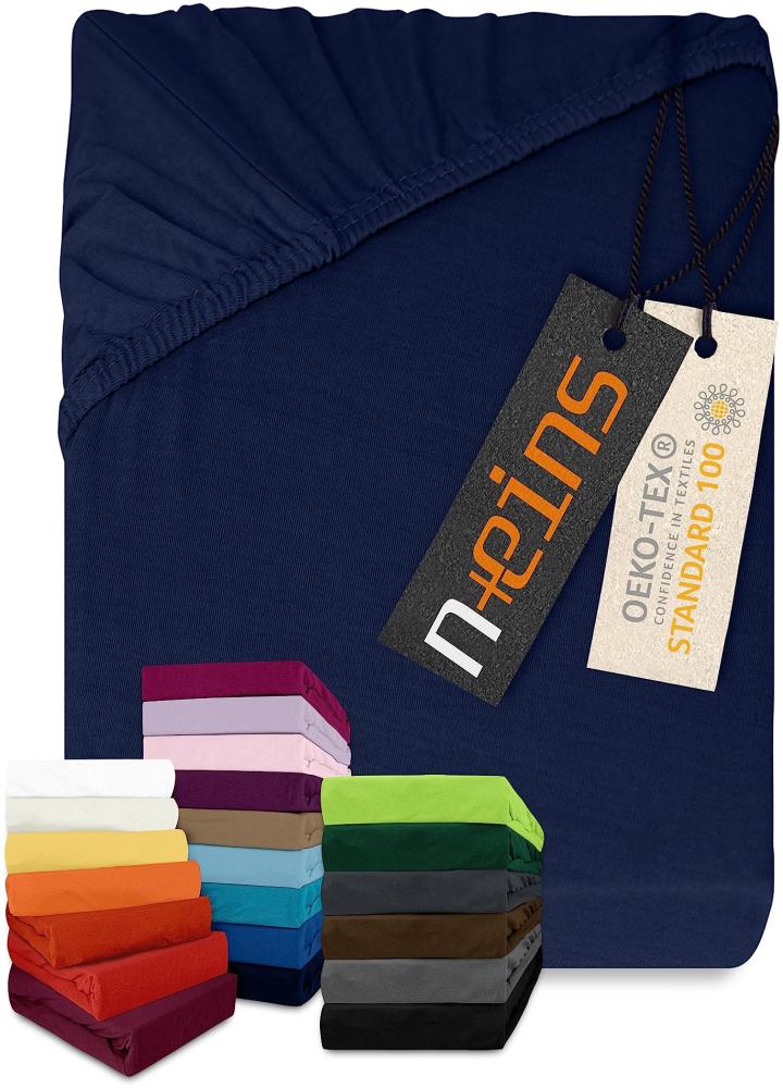 npluseins klassisches Jersey Spannbetttuch - vielen Farben + Größen - 100% Baumwolle 159. 192, 200 x 220 cm, Navyblau Bild 1