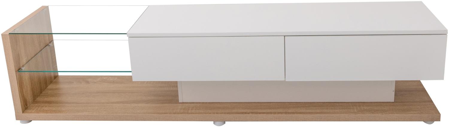 Merax Lowboard mit Glasablagen und Schubladen, TV-Schrank hochglänzend mit LED, TV-Board, TV-Ständer, Breite:170cm, Weiß & Eiche Bild 1
