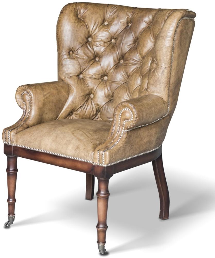 Casa Padrino Chesterfield Echtleder Sessel Vintage Leder mit Rollen - Luxus Wohnzimmer Ohrensessel Möbel Büffelleder Sessel Bild 1