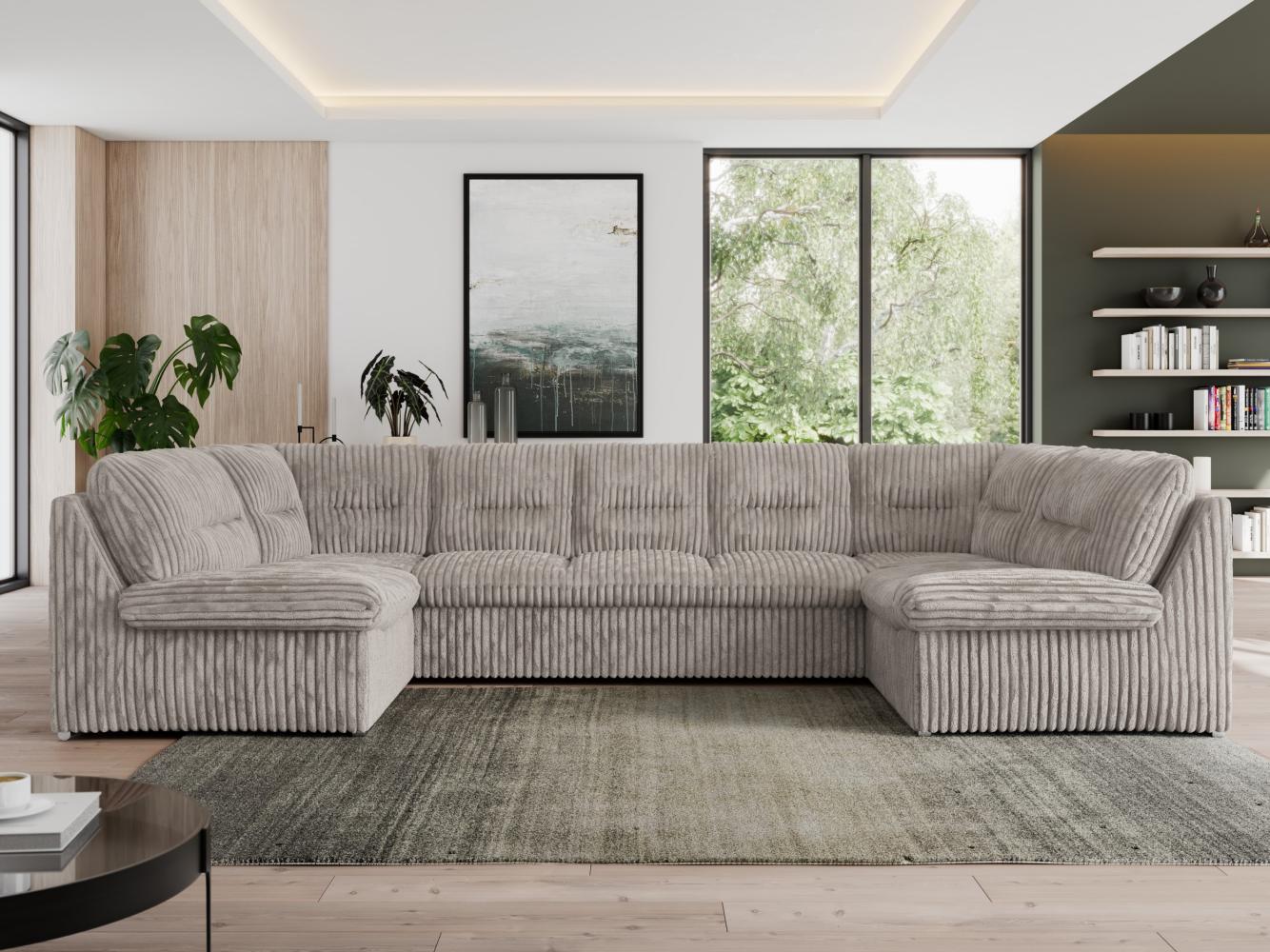 U-förmige Ecksofa, Bigsofa mit schlaffunktion, Wohnlandschaft XXL - MORBIDO U - Hellgrau Cord - Topper T25 Bild 1