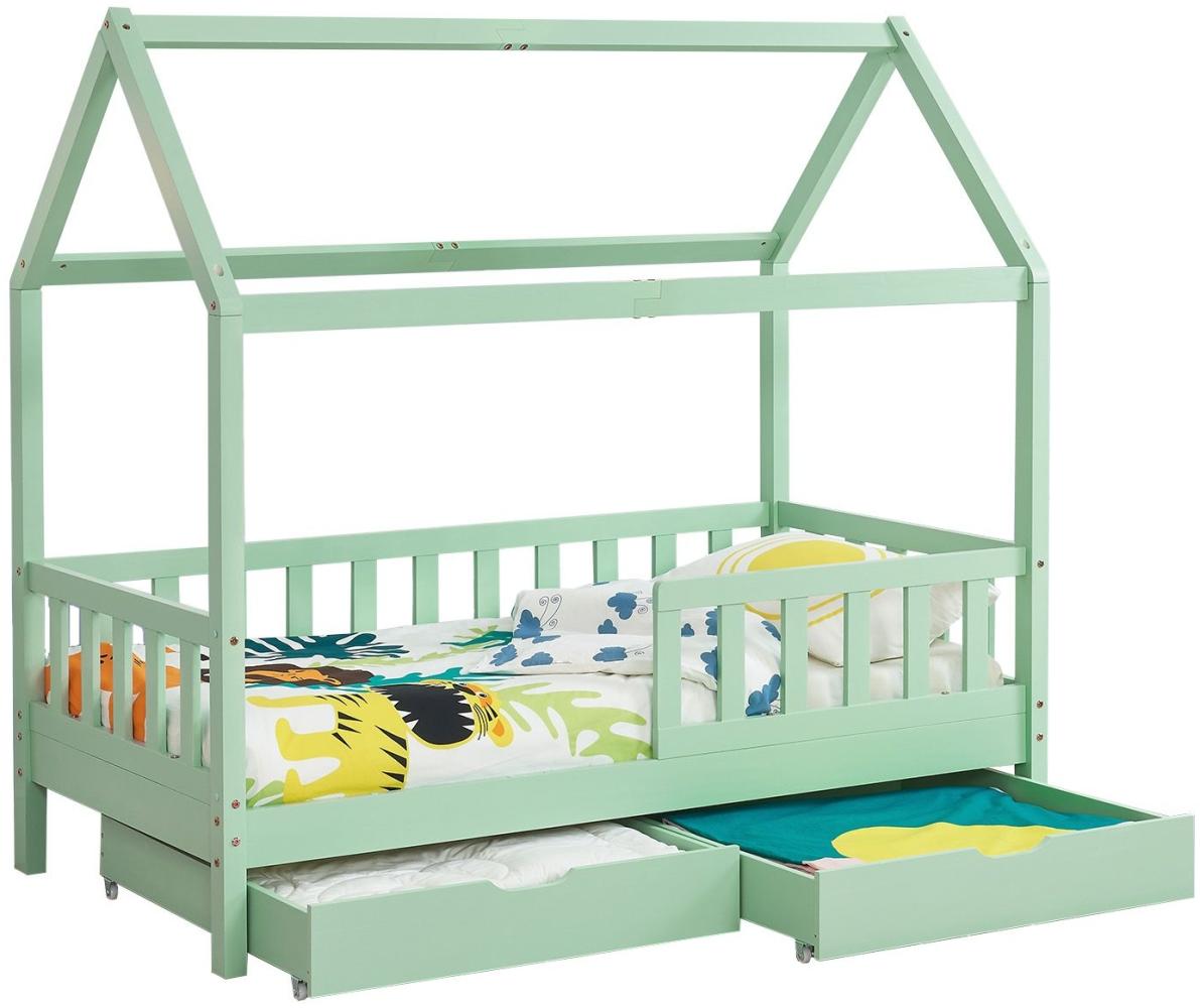 Juskys 'Marli' Kinderbett mit Bettkasten, 2-teilig, Rausfallschutz, Lattenrost & Dach, Kiefer lackiert, mint, 90 x 200 cm Bild 1