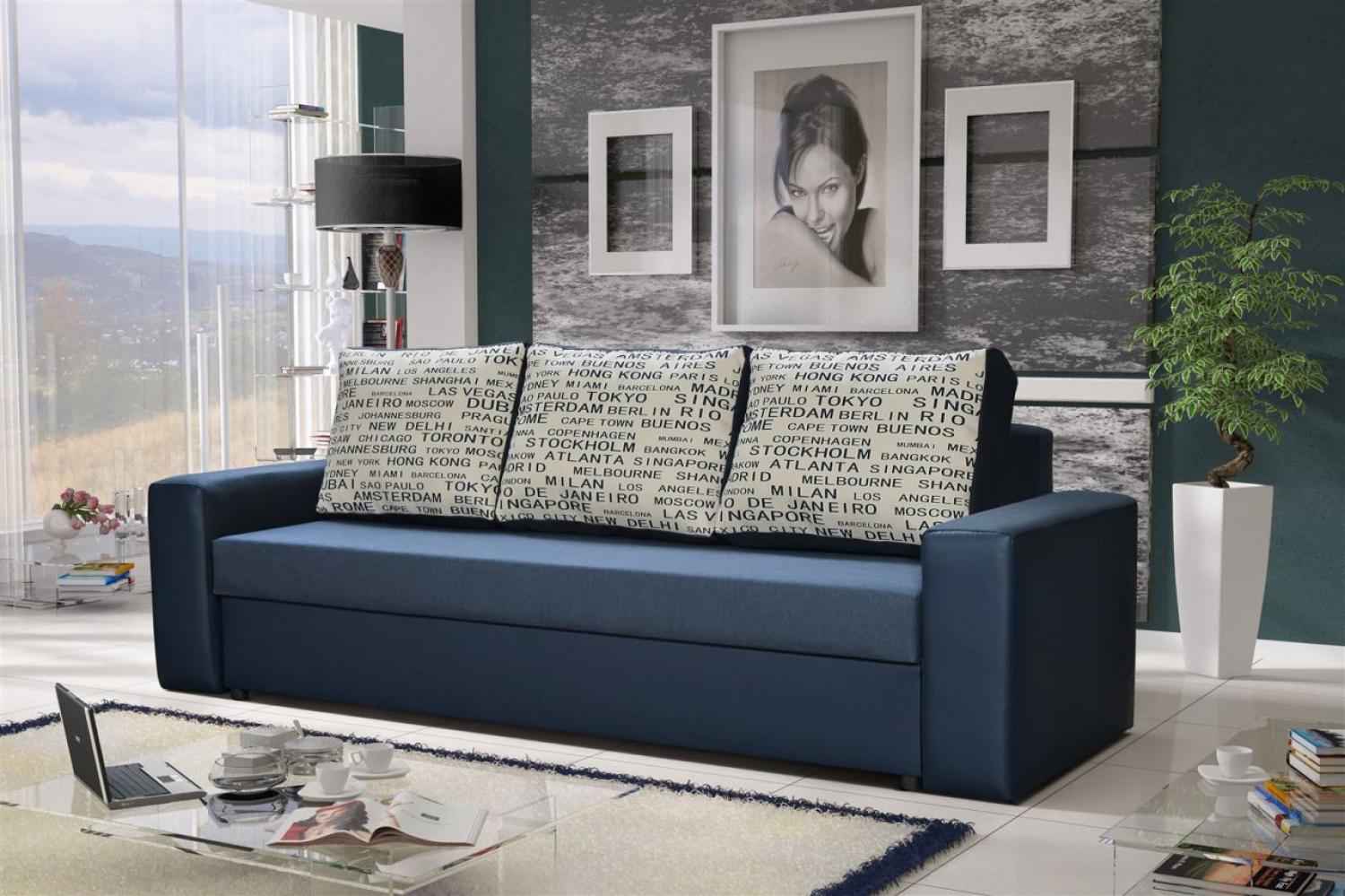 Sofa Designersofa LEEDS 3-Sitzer mit Schlaffunktion Blau Bild 1