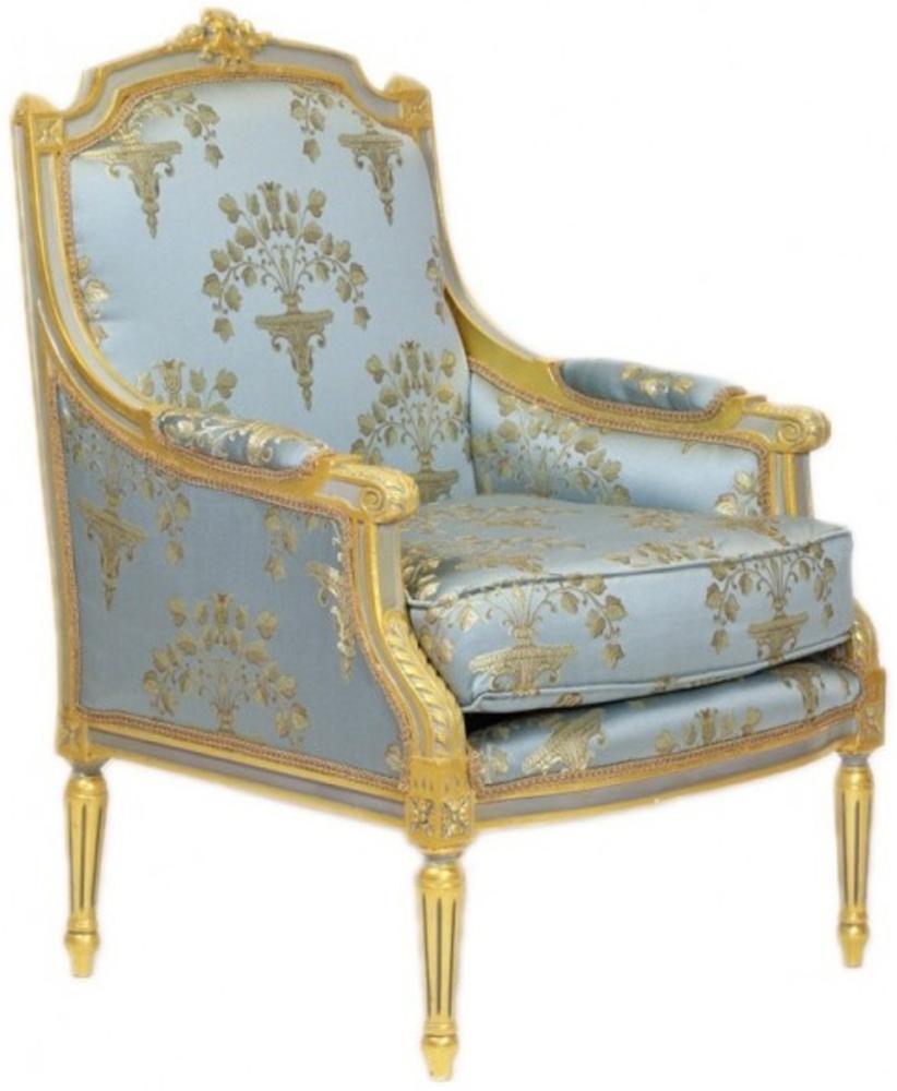 Casa Padrino Barock Lounge Thron Sessel Empire Blau-Grau Gold Muster / Gold - Ohren Sessel - Ohrensessel Tron Stuhl Bild 1