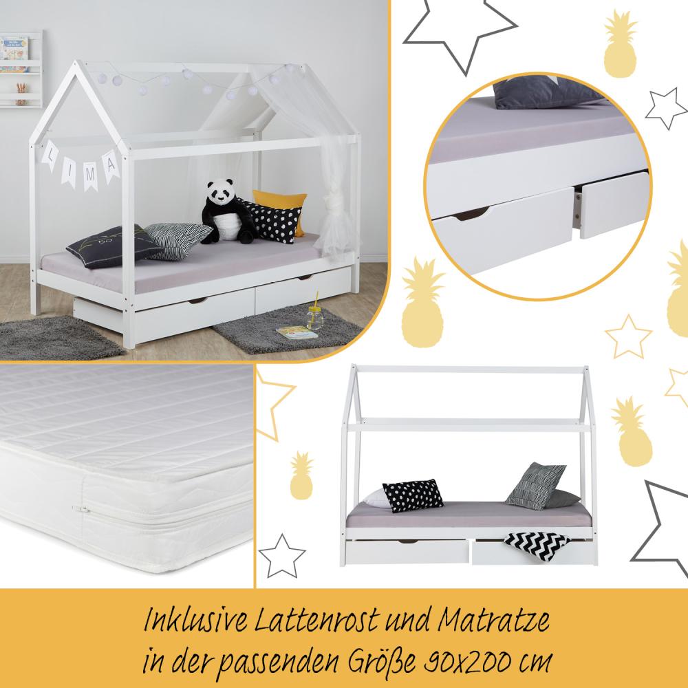 Kinderbett mit Matratze Kinderhaus Spielbett Hausbett 90x200 cm Weiß mit Bettkasten Bild 1