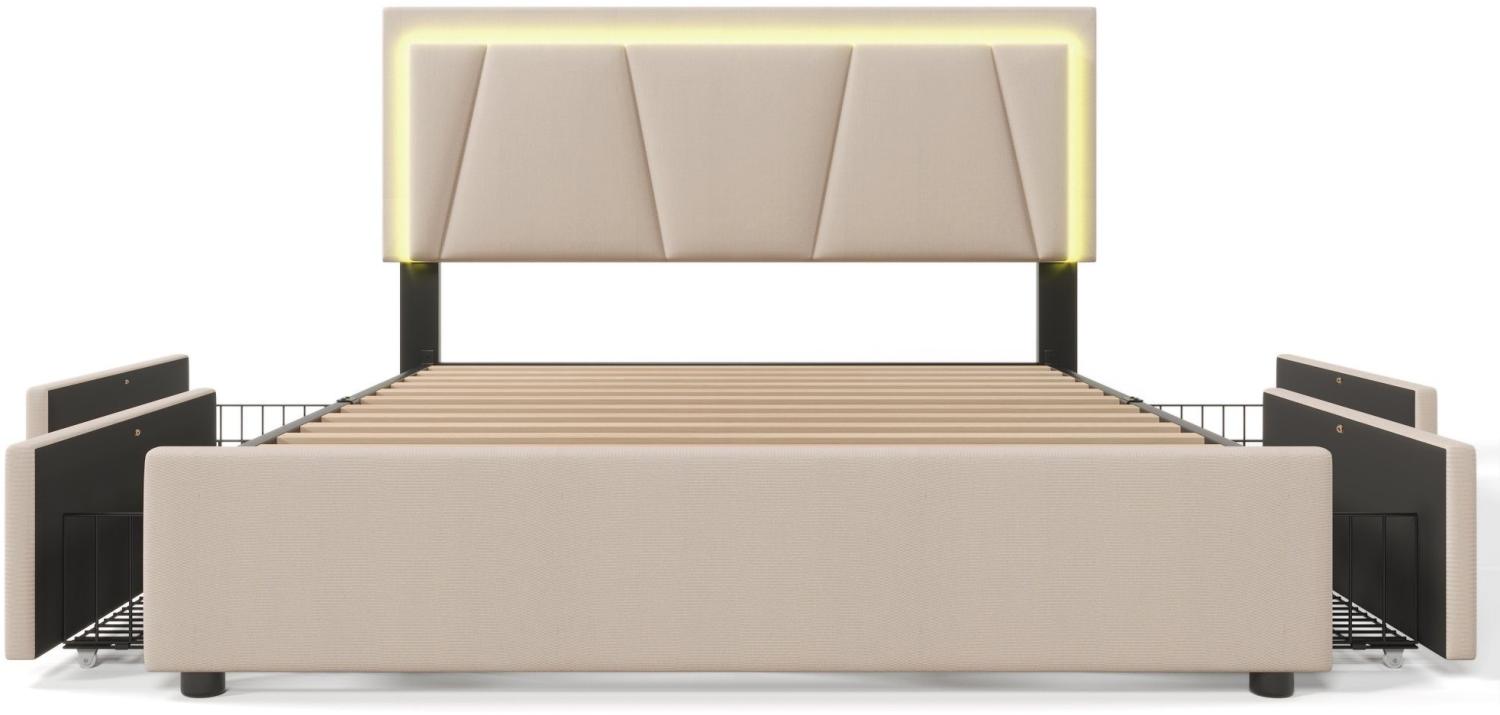 Merax Polsterbett, LED-Beleuchtung Doppelbett 140x200cm mit 4 Schubladen, beige Bild 1