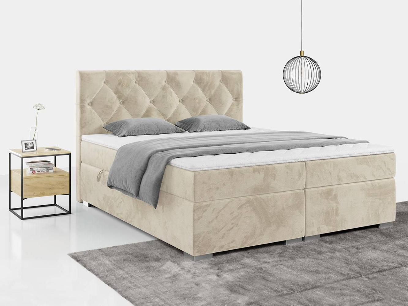 Boxspringbett, Bett, Polsterbett, zwei Bettkästen - ALDA - 180x200cm - Beige Velours - H4 Bild 1