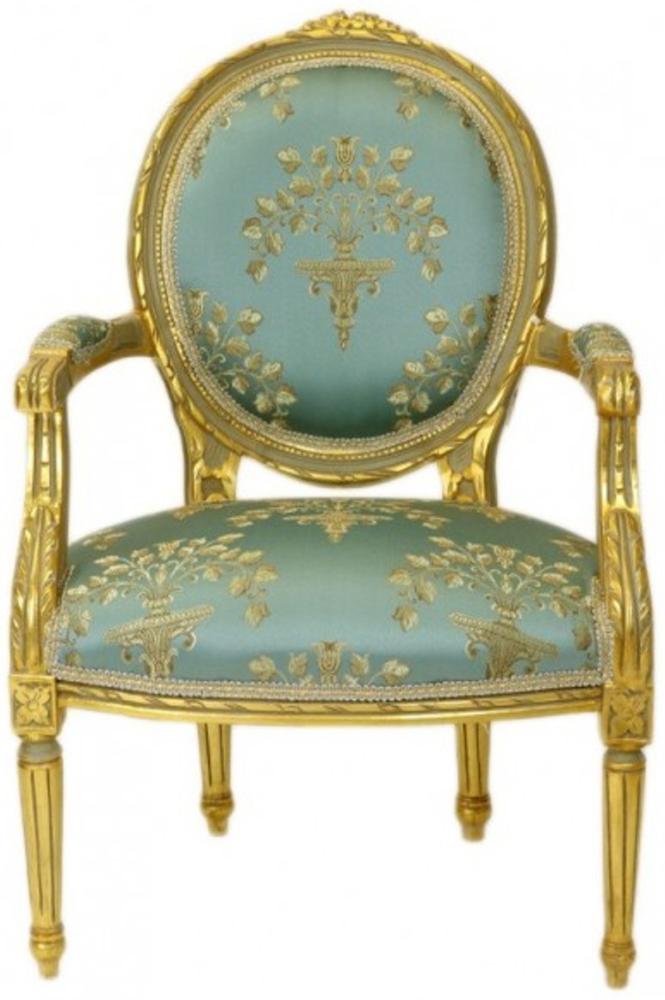 Casa Padrino Barock Medaillon Salon Stuhl Türkis Muster / Gold Modell Versailles - Möbel Antik Stil Bild 1