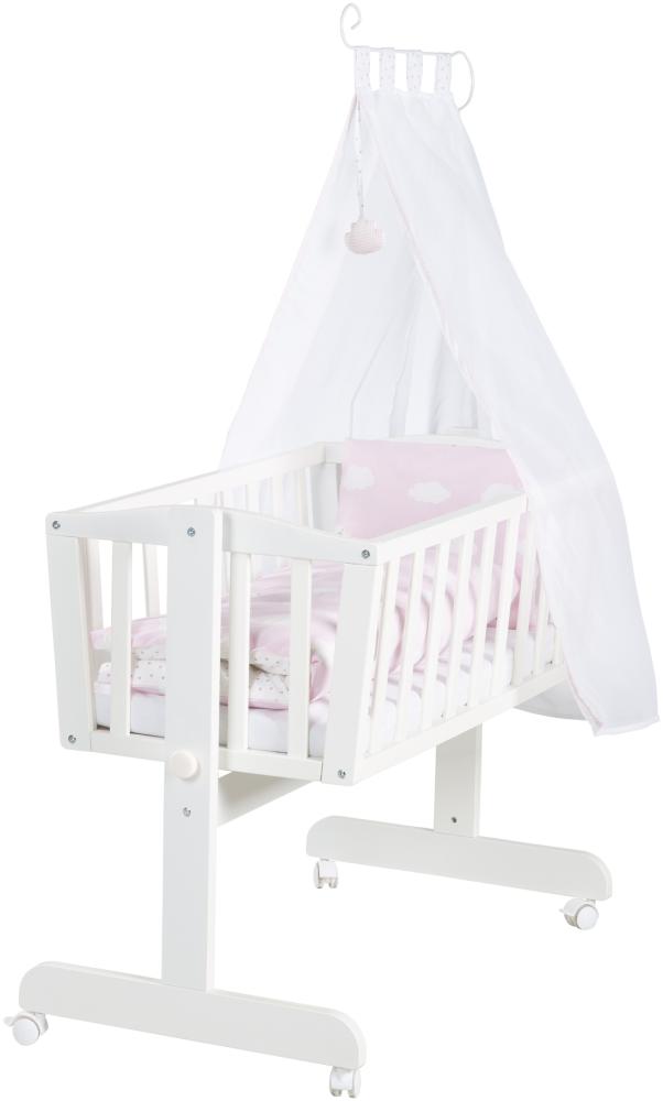 roba Babywiege Kleine Wolke 40 x 90 cm aus Holz - Stubenwagen & Wiege - Bett Set komplett mit Feststellfunktion & textilem Ausstattung - Weiß/Rosa Bild 1