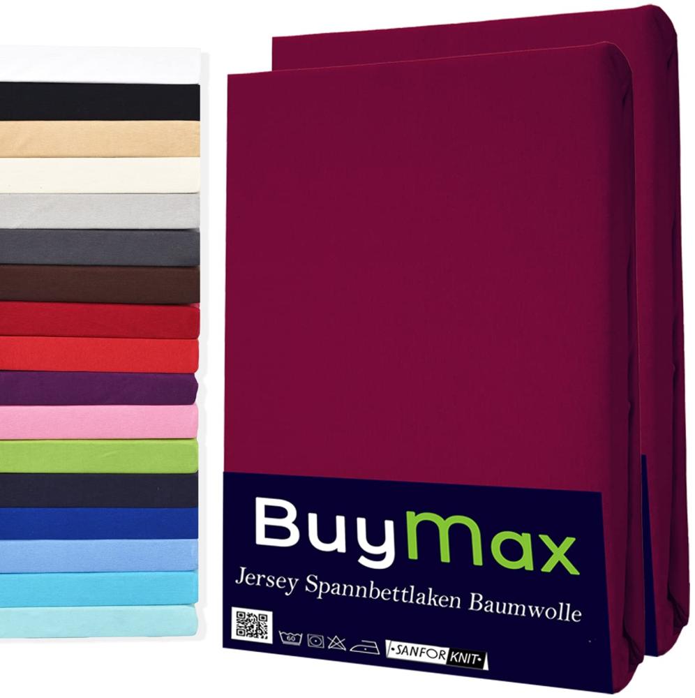 Buymax Spannbettlaken 200x200cm Doppelpack 100% Baumwolle Spannbetttuch Bettlaken Jersey, Matratzenhöhe bis 25 cm, Farbe Bordeaux Bild 1