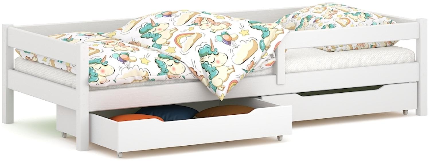 WNM Group Kinderbett für Mädchen und Jungen Felix - Jugenbett aus Massivholz - Bett mit 2 Schubladen und Lattenrost - Funktionsbett - Weiß - 80 x 180 cm Bild 1