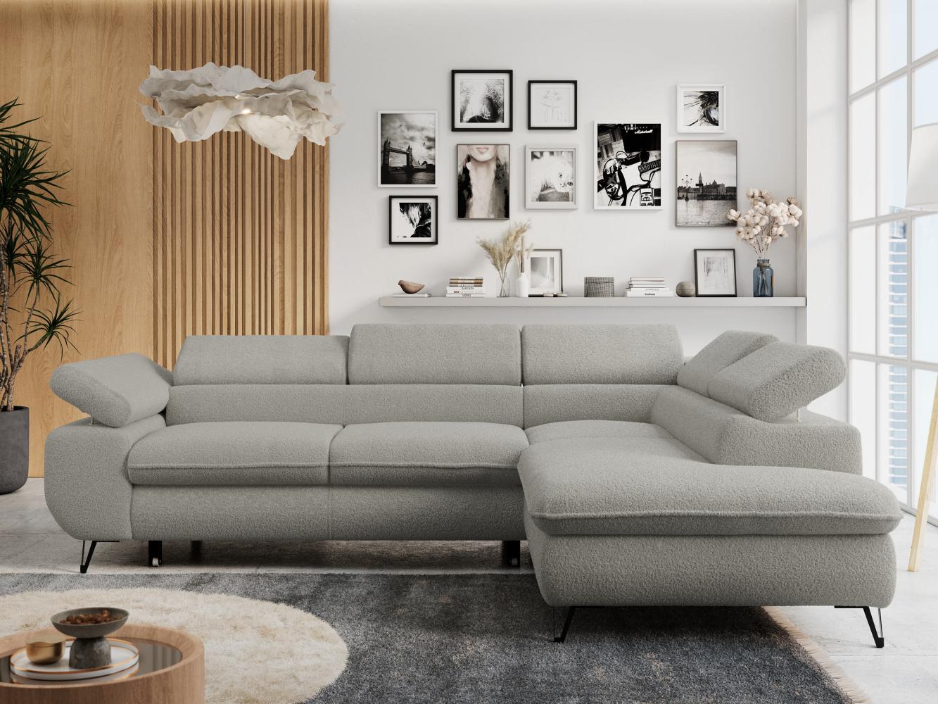 Ecksofa mit Bettfunktion, Modern Sofa, L-form, Einstellbare Kopfstützen, Bettkasten - PETER - Hellgrau Boucle - rechts Bild 1