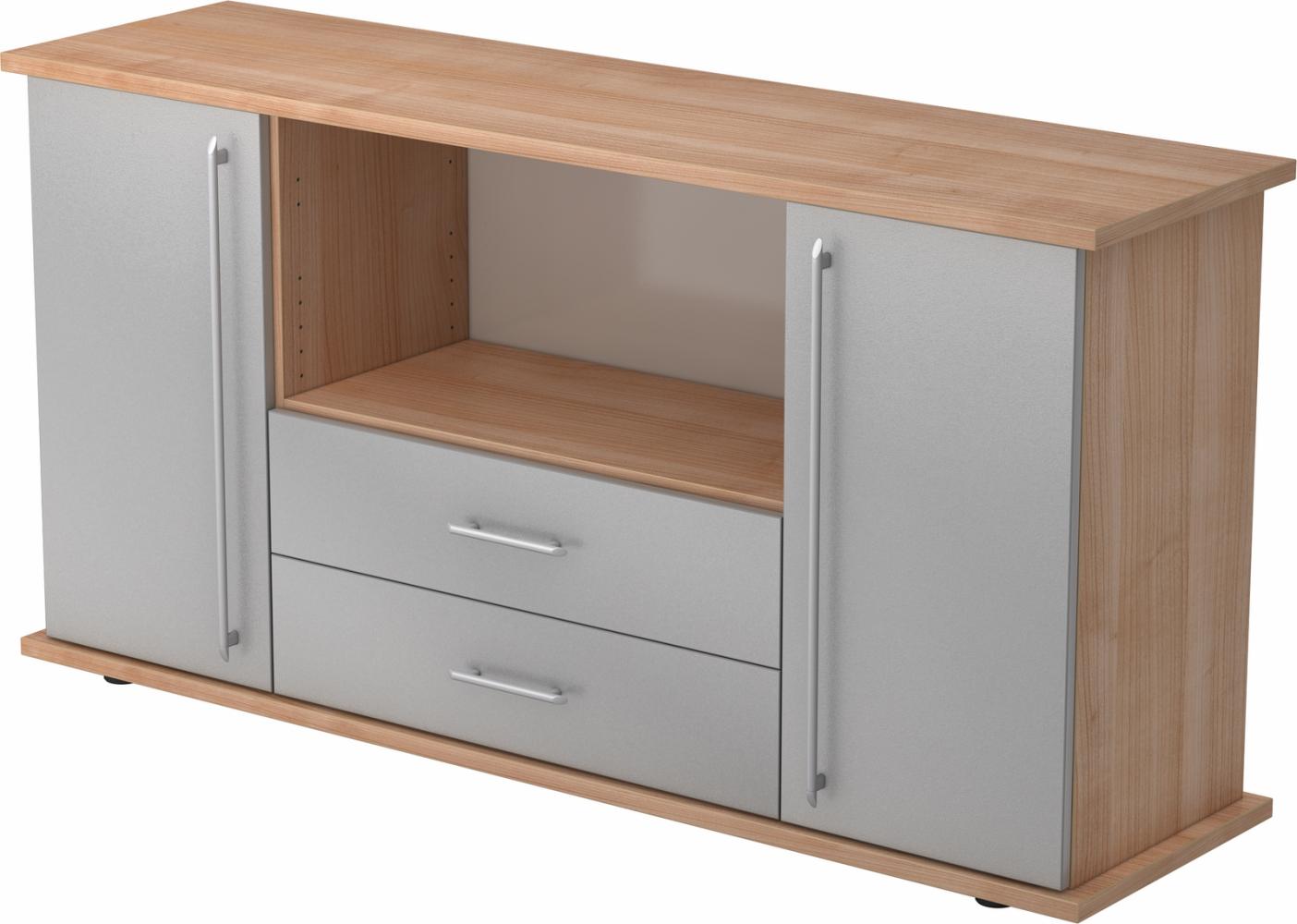 bümö® Sideboard mit Türen, Schubladen und Relinggriffen in Nussbaum/Silber Bild 1