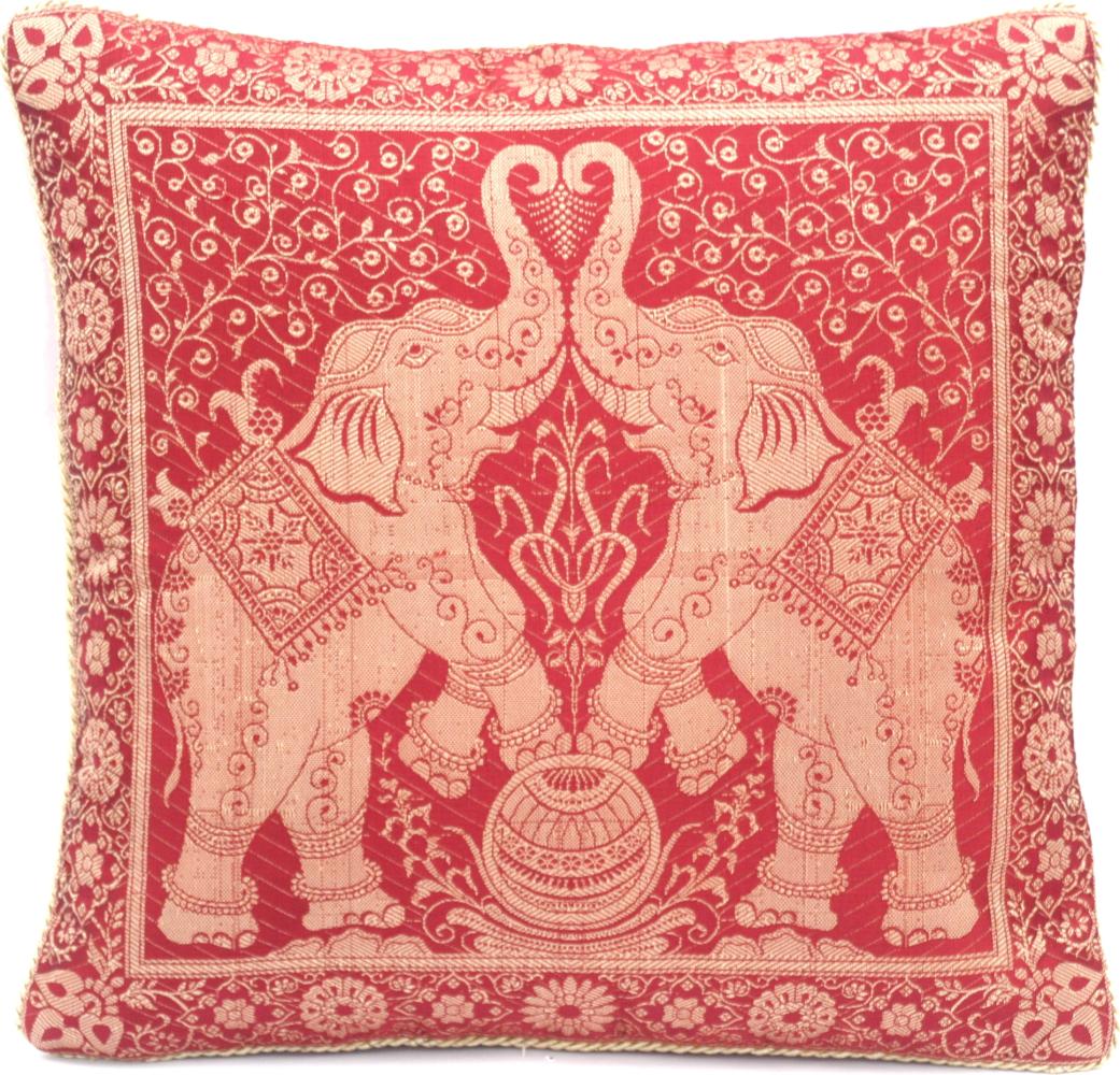 Handgewebter indischer Banarasi Seide Deko-Kissenbezug mit Extravaganten Elefant Design in Rot und mit Umrandung - 40 cm x 40 cm Bild 1