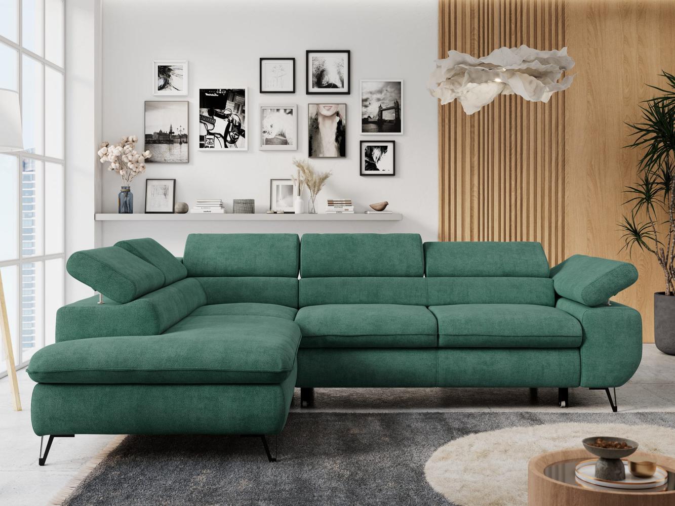 Ecksofa mit Bettfunktion, Modern Sofa, L-form, Einstellbare Kopfstützen, Bettkasten - PETER - Grün Stoff - links Bild 1