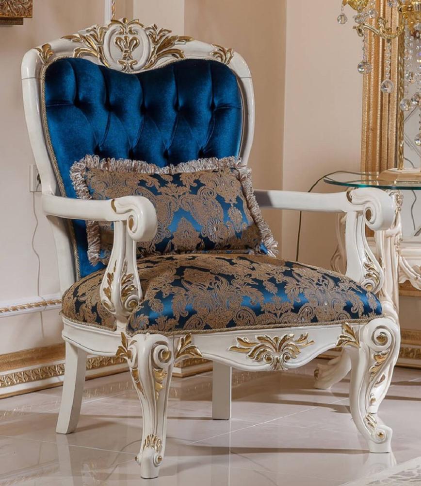 Casa Padrino Luxus Barock Sessel Blau / Braun / Weiß / Gold - Prunkvoller Wohnzimmer Sessel mit elegantem Muster - Barockstil Wohnzimmer Möbel - Luxus Möbel im Barockstil - Barock Einrichtung Bild 1
