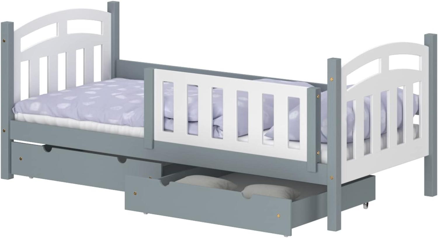 WNM Group Kinderbett mit Rausfallschutz Suzie - Jugenbett aus Massivholz - Bett mit 2 Schubladen für Mädchen und Jungen - Funktionsbett 200x90 cm - Grau Bild 1