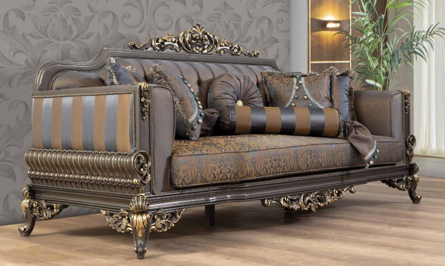 Casa Padrino Luxus Barock Sofa Blau / Grau / Gold 235 x 93 x H. 115 cm - Prunkvolles handgefertigtes Wohnzimmer Sofa mit dekorativen Kissen Bild 1