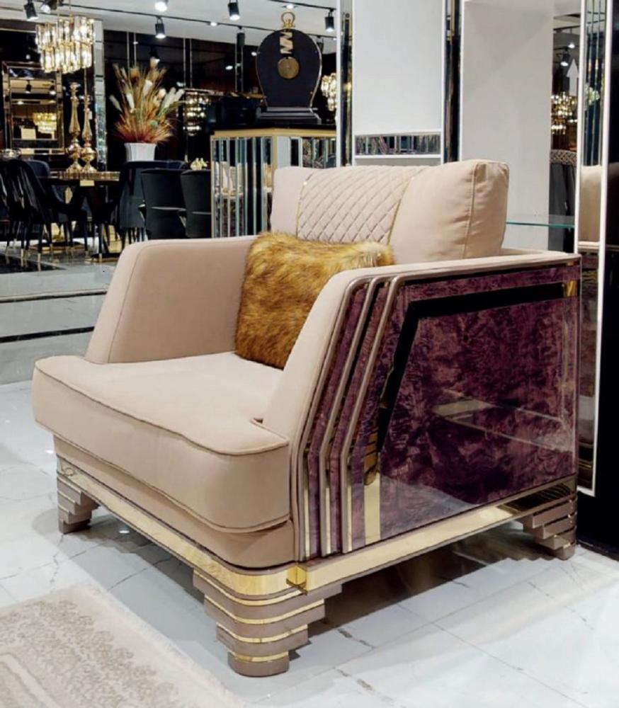 Casa Padrino Luxus Art Deco Sessel Beige / Lila / Grau / Gold - Edler Wohnzimmer Sessel mit Marmoroptik - Luxus Art Deco Wohnzimmer & Hotel Möbel Bild 1