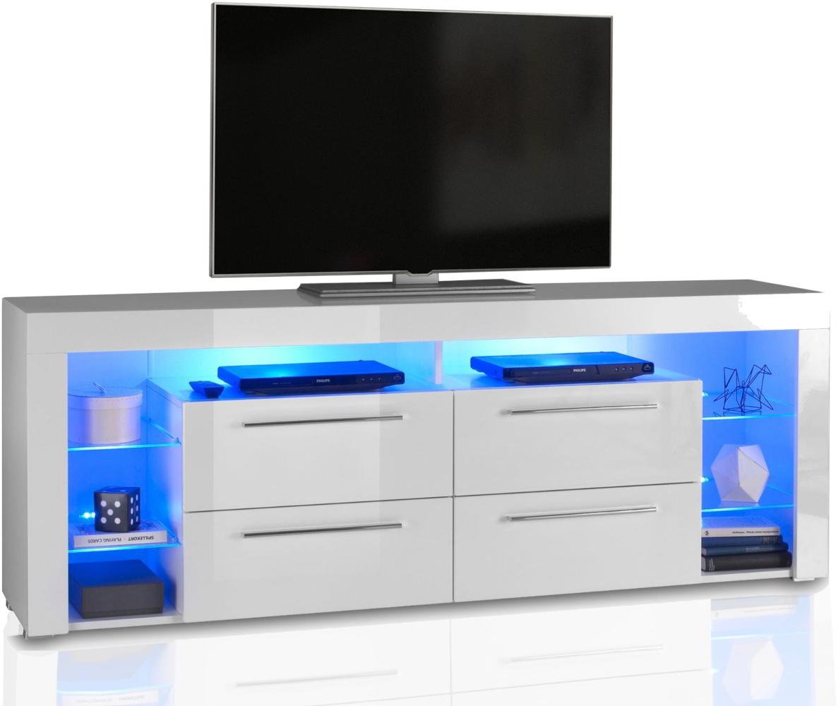 TV-Lowboard Sideboard Gloss - Fernseher-Tisch in Hochglanz Weiß - HiFi-Kommode mit 4 Schubladen & 6 Fächern - LED-Beleuchtung - Wohnzimmer-Möbel Bild 1