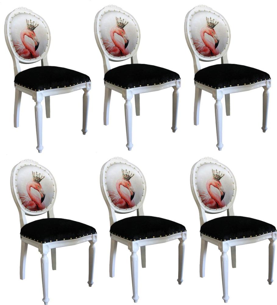 Casa Padrino Luxus Barock Esszimmer Set Flamingo mit Krone Weiß / Schwarz / Mehrfarbig 48 x 50 x H. 98 cm - 6 handgefertigte Esszimmerstühle mit Bling Bling Glitzersteinen - Barock Esszimmermöbel Bild 1