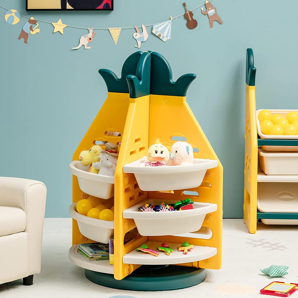 COSTWAY Kinder Spielzeugregal drehbar, Kinderzimmerregal mit 8 Kunststof Aufbewahrungsboxen in Ananasform, 3 Ebenen Spielzeugaufbewahrung 74 x 74 x 106 cm Bild 1