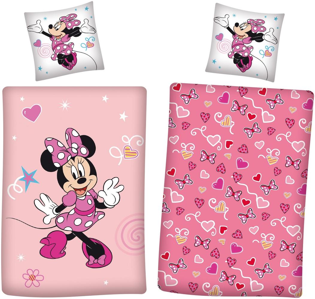 Minnie Mouse Bettwäsche Set (2-tlg. ) rosa Motiv mit Herzen und Schleifen 135x200 + 80x80 cm Flanell mit Reißverschluss Bild 1