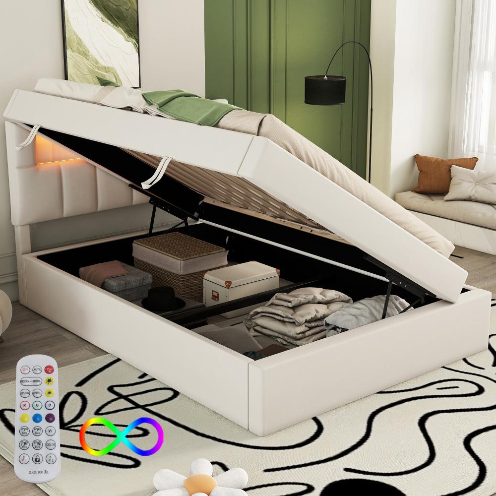 Merax 90*200cm Flachbett, Polsterbett, hydraulisches Einzelbett, minimalistisches Design, stilvolle Polsterung, Weiß Bild 1