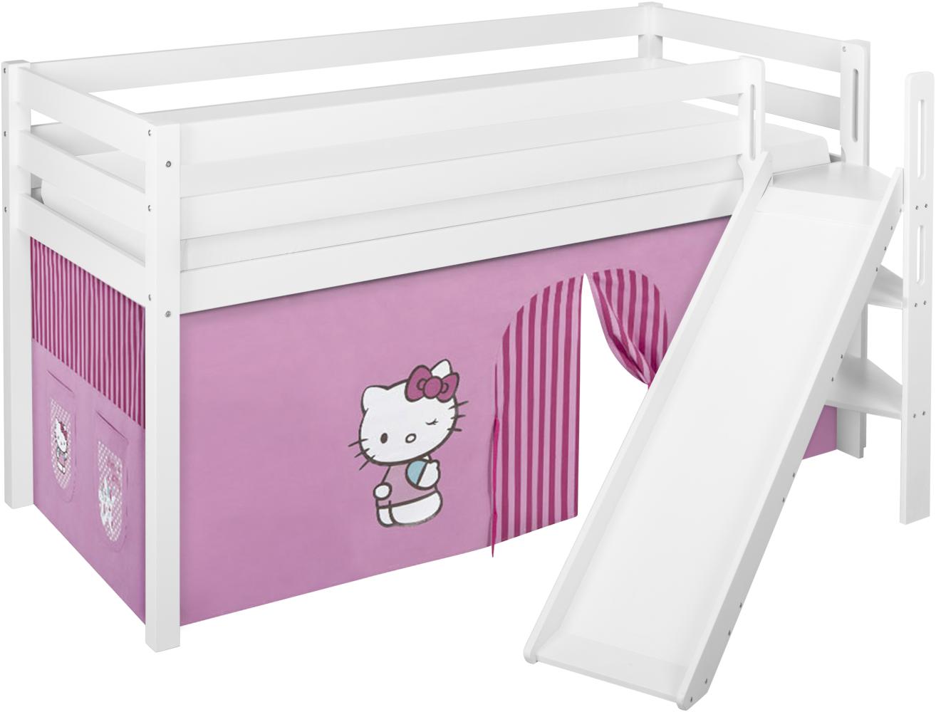 Lilokids 'Jelle' Spielbett 90 x 190 cm, Hello Kitty Rosa, Kiefer massiv, mit schräger Rutsche und Vorhang Bild 1